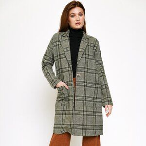 MYSTREE Plaid Longline Coat, Olive Green Grey Check Blazer Jacket, Classic